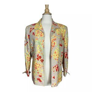 Kasper Linen Blend Blazer Jacket 16 Floral Yellow Red Open Front Lined Vintage